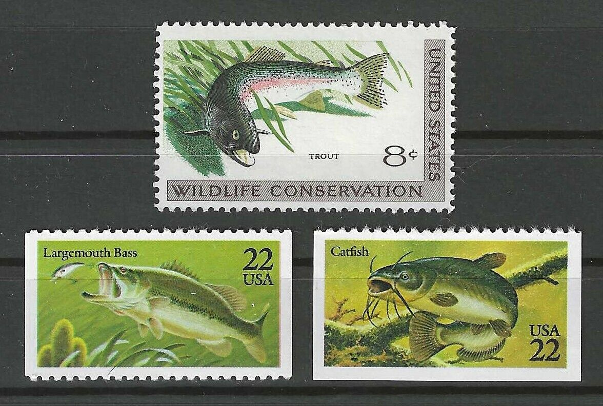 FRESHWATER FISH - TROUT, BASS, CATFISH - 3 U.S. POSTAGE STAMPS